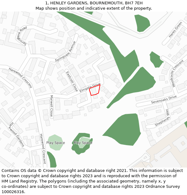 1, HENLEY GARDENS, BOURNEMOUTH, BH7 7EH: Location map and indicative extent of plot