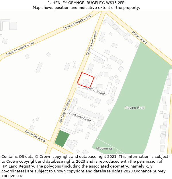 1, HENLEY GRANGE, RUGELEY, WS15 2FE: Location map and indicative extent of plot