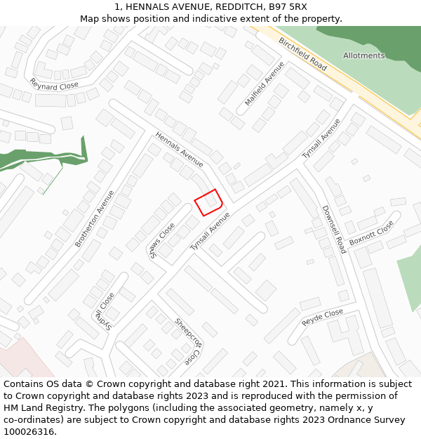 1, HENNALS AVENUE, REDDITCH, B97 5RX: Location map and indicative extent of plot