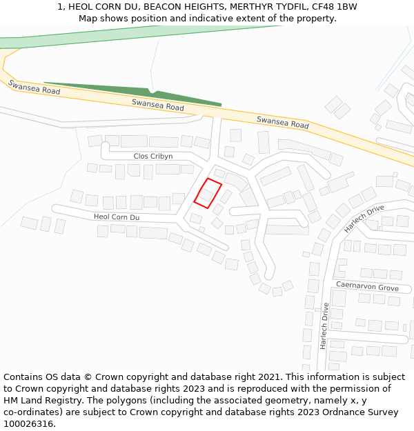 1, HEOL CORN DU, BEACON HEIGHTS, MERTHYR TYDFIL, CF48 1BW: Location map and indicative extent of plot