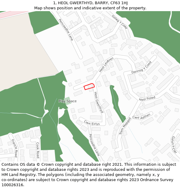 1, HEOL GWERTHYD, BARRY, CF63 1HJ: Location map and indicative extent of plot