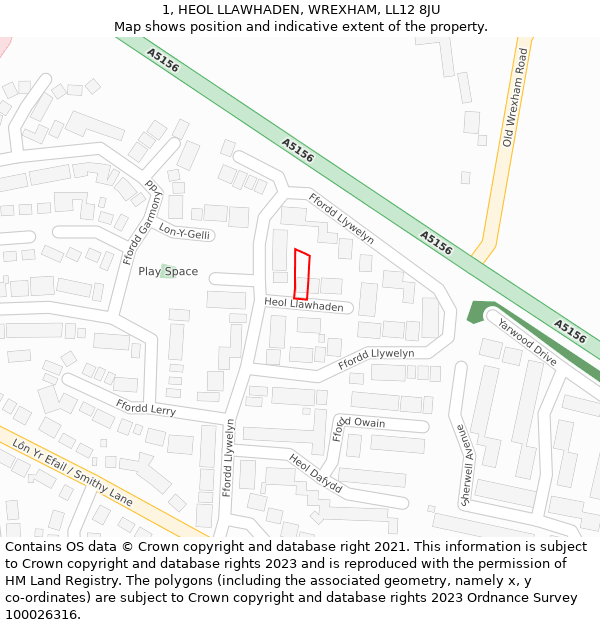 1, HEOL LLAWHADEN, WREXHAM, LL12 8JU: Location map and indicative extent of plot