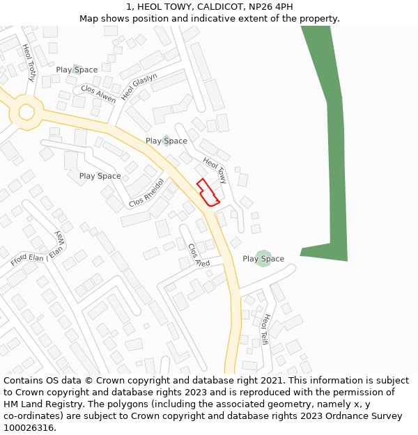 1, HEOL TOWY, CALDICOT, NP26 4PH: Location map and indicative extent of plot