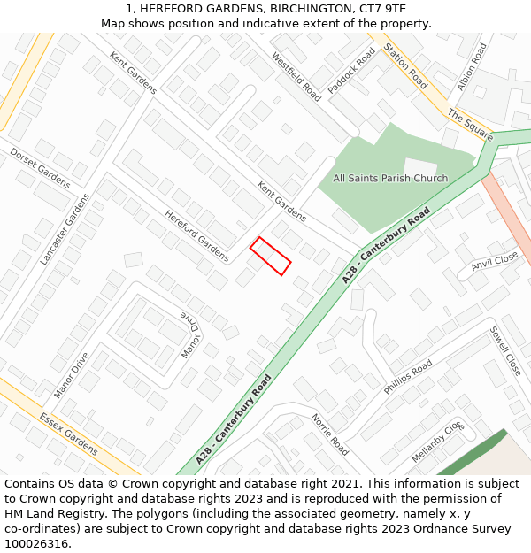 1, HEREFORD GARDENS, BIRCHINGTON, CT7 9TE: Location map and indicative extent of plot