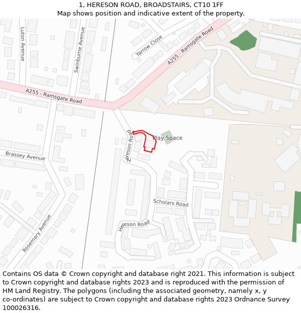 1, HERESON ROAD, BROADSTAIRS, CT10 1FF: Location map and indicative extent of plot