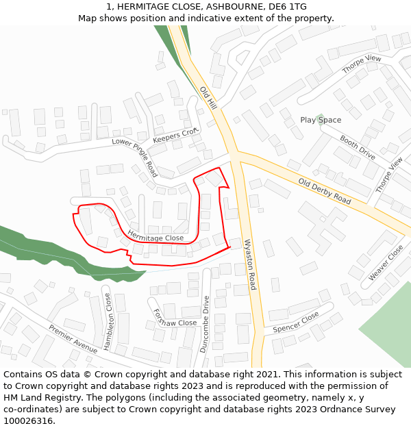 1, HERMITAGE CLOSE, ASHBOURNE, DE6 1TG: Location map and indicative extent of plot