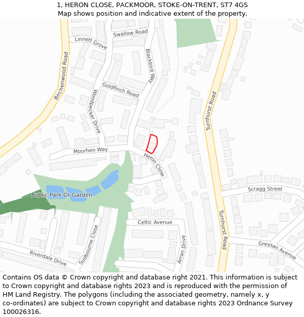 1, HERON CLOSE, PACKMOOR, STOKE-ON-TRENT, ST7 4GS: Location map and indicative extent of plot