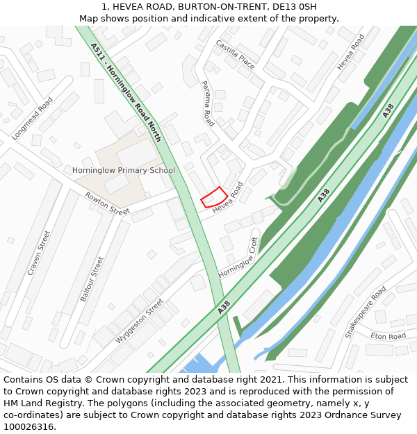 1, HEVEA ROAD, BURTON-ON-TRENT, DE13 0SH: Location map and indicative extent of plot