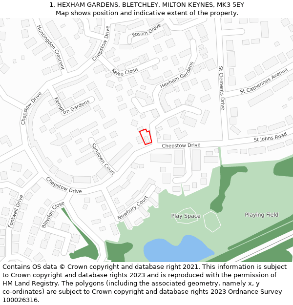 1, HEXHAM GARDENS, BLETCHLEY, MILTON KEYNES, MK3 5EY: Location map and indicative extent of plot