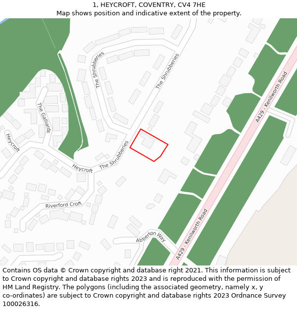 1, HEYCROFT, COVENTRY, CV4 7HE: Location map and indicative extent of plot