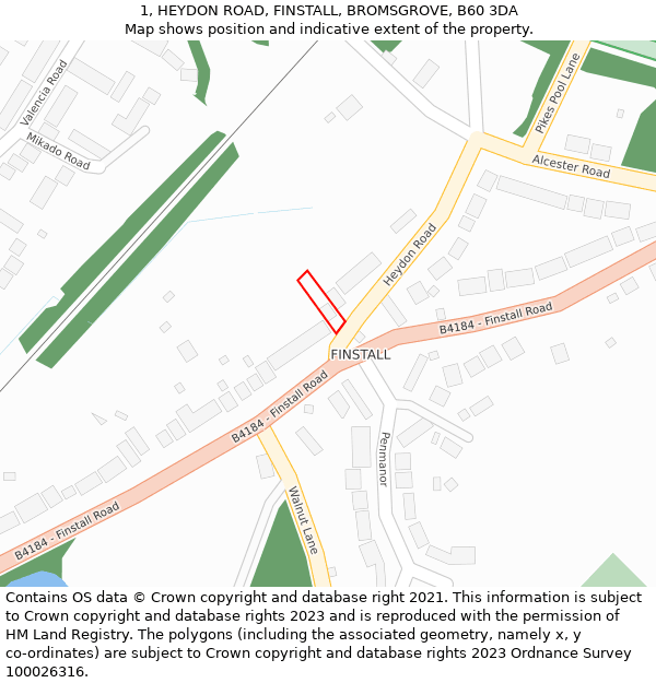 1, HEYDON ROAD, FINSTALL, BROMSGROVE, B60 3DA: Location map and indicative extent of plot