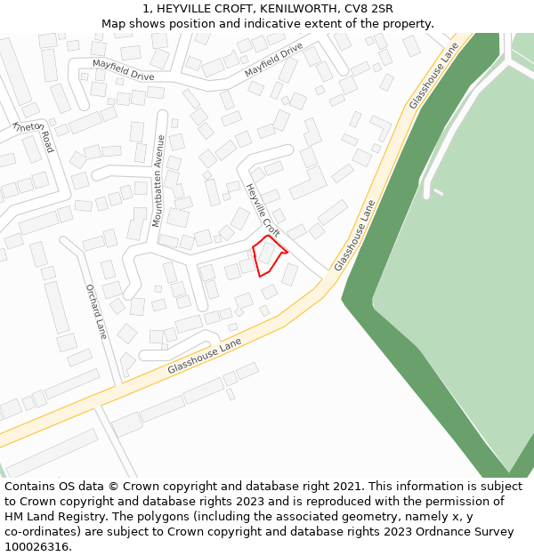 1, HEYVILLE CROFT, KENILWORTH, CV8 2SR: Location map and indicative extent of plot