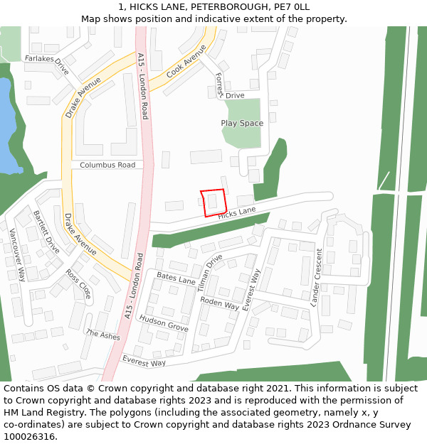 1, HICKS LANE, PETERBOROUGH, PE7 0LL: Location map and indicative extent of plot