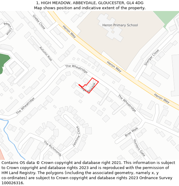 1, HIGH MEADOW, ABBEYDALE, GLOUCESTER, GL4 4DG: Location map and indicative extent of plot