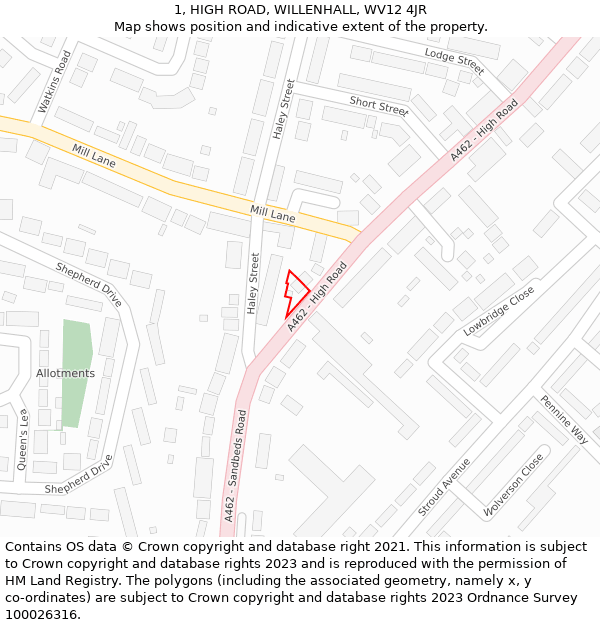 1, HIGH ROAD, WILLENHALL, WV12 4JR: Location map and indicative extent of plot