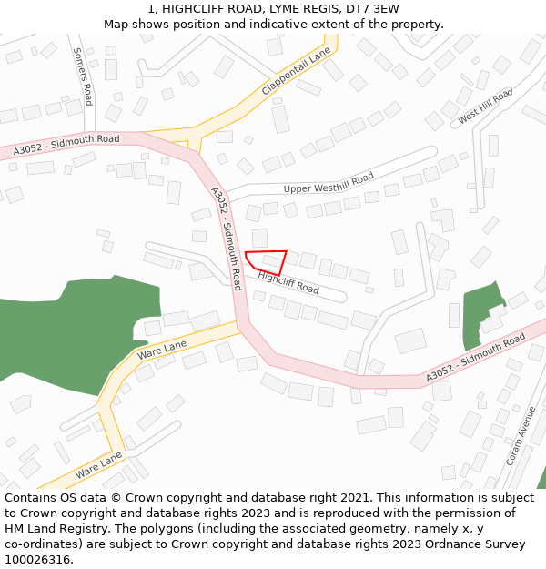 1, HIGHCLIFF ROAD, LYME REGIS, DT7 3EW: Location map and indicative extent of plot