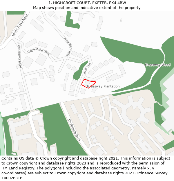 1, HIGHCROFT COURT, EXETER, EX4 4RW: Location map and indicative extent of plot