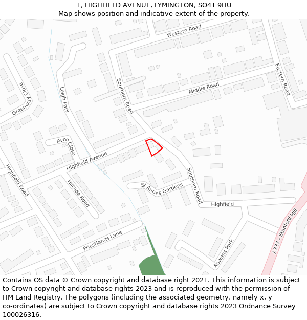 1, HIGHFIELD AVENUE, LYMINGTON, SO41 9HU: Location map and indicative extent of plot