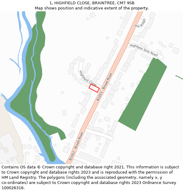 1, HIGHFIELD CLOSE, BRAINTREE, CM7 9SB: Location map and indicative extent of plot
