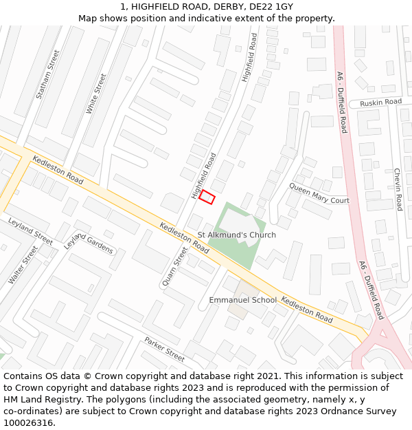 1, HIGHFIELD ROAD, DERBY, DE22 1GY: Location map and indicative extent of plot