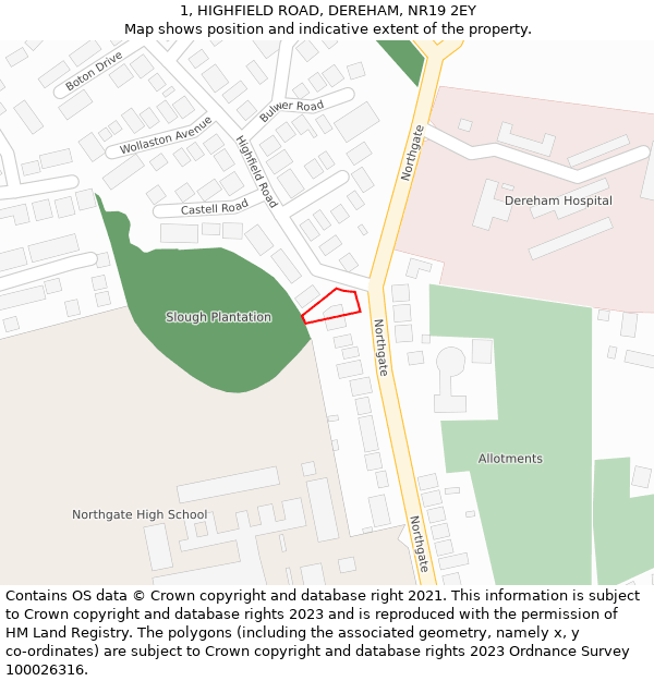 1, HIGHFIELD ROAD, DEREHAM, NR19 2EY: Location map and indicative extent of plot