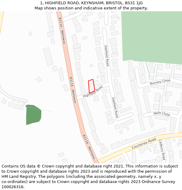 1, HIGHFIELD ROAD, KEYNSHAM, BRISTOL, BS31 1JG: Location map and indicative extent of plot