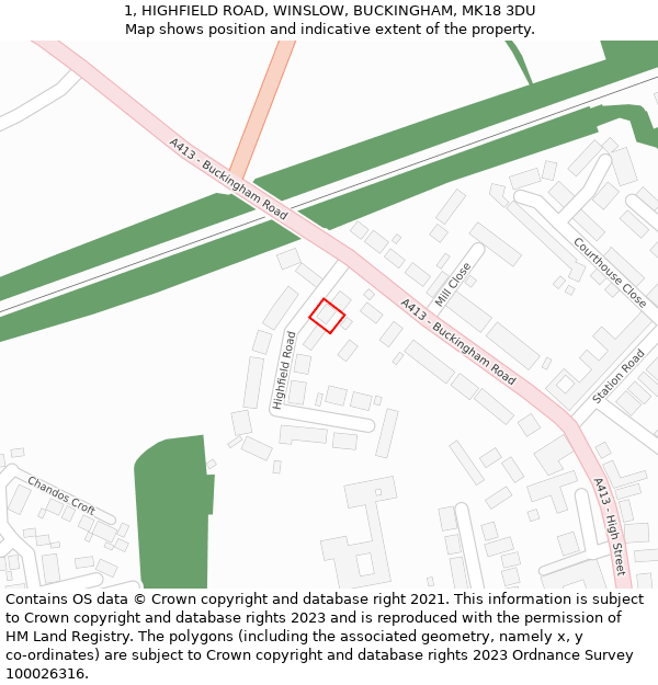 1, HIGHFIELD ROAD, WINSLOW, BUCKINGHAM, MK18 3DU: Location map and indicative extent of plot
