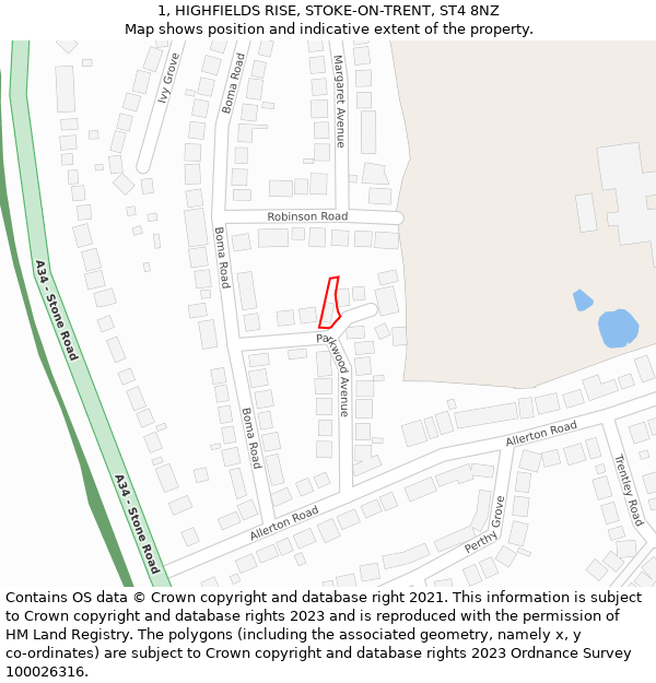 1, HIGHFIELDS RISE, STOKE-ON-TRENT, ST4 8NZ: Location map and indicative extent of plot