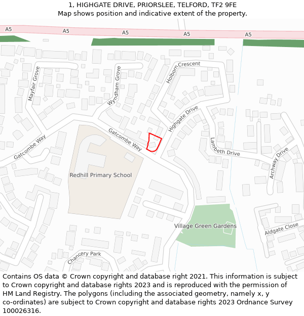 1, HIGHGATE DRIVE, PRIORSLEE, TELFORD, TF2 9FE: Location map and indicative extent of plot