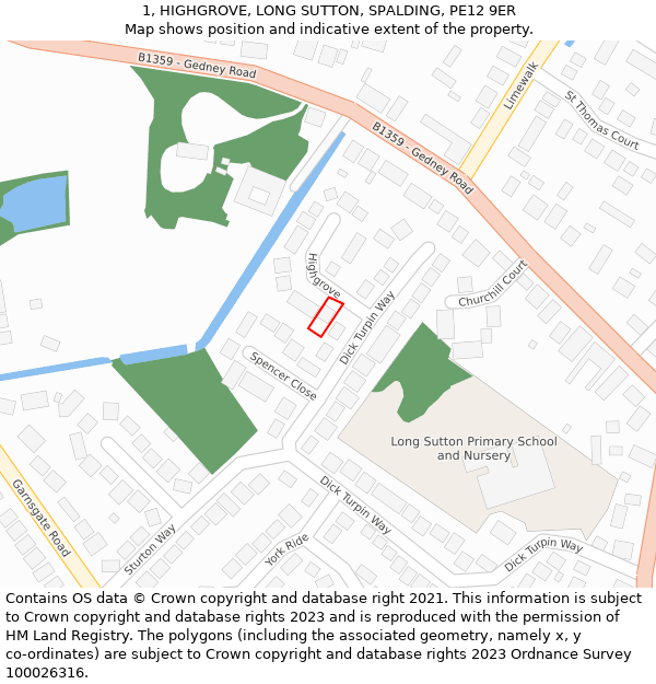 1, HIGHGROVE, LONG SUTTON, SPALDING, PE12 9ER: Location map and indicative extent of plot