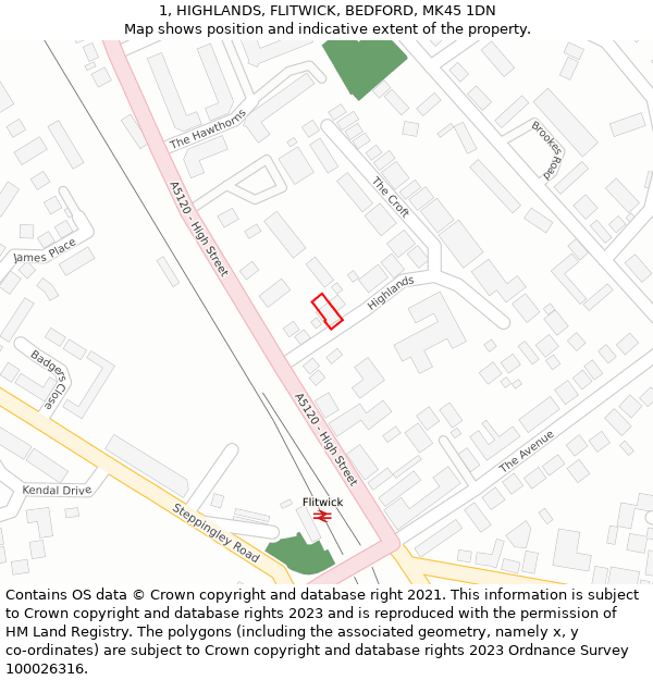 1, HIGHLANDS, FLITWICK, BEDFORD, MK45 1DN: Location map and indicative extent of plot