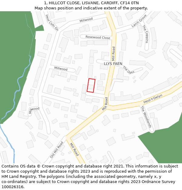 1, HILLCOT CLOSE, LISVANE, CARDIFF, CF14 0TN: Location map and indicative extent of plot
