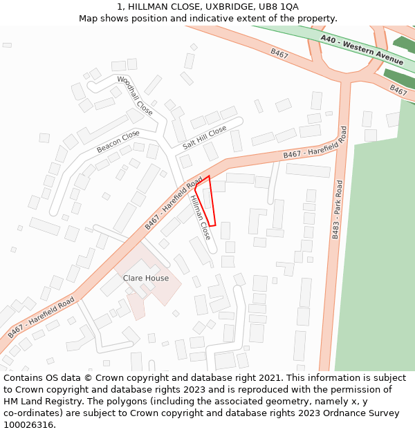 1, HILLMAN CLOSE, UXBRIDGE, UB8 1QA: Location map and indicative extent of plot