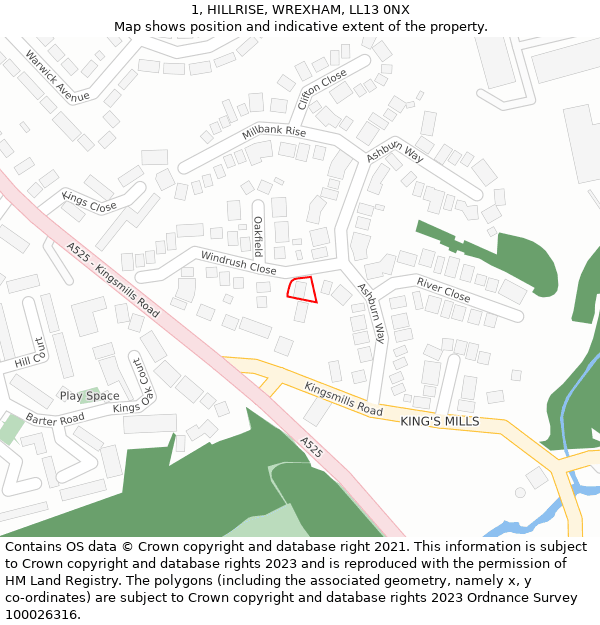 1, HILLRISE, WREXHAM, LL13 0NX: Location map and indicative extent of plot