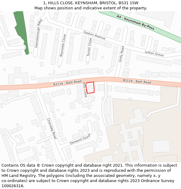 1, HILLS CLOSE, KEYNSHAM, BRISTOL, BS31 1SW: Location map and indicative extent of plot