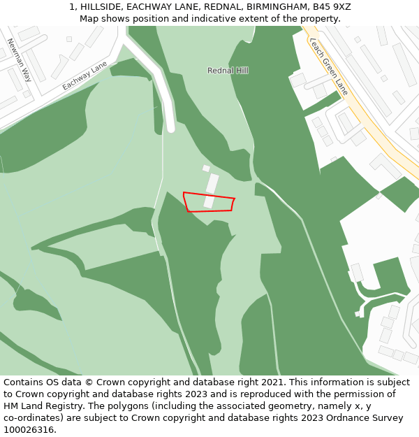 1, HILLSIDE, EACHWAY LANE, REDNAL, BIRMINGHAM, B45 9XZ: Location map and indicative extent of plot