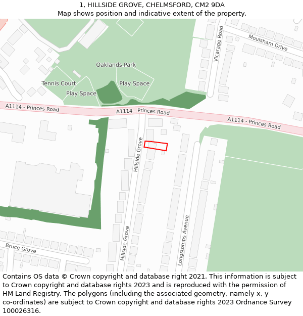 1, HILLSIDE GROVE, CHELMSFORD, CM2 9DA: Location map and indicative extent of plot