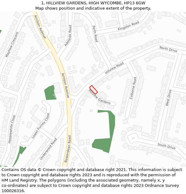 1, HILLVIEW GARDENS, HIGH WYCOMBE, HP13 6GW: Location map and indicative extent of plot