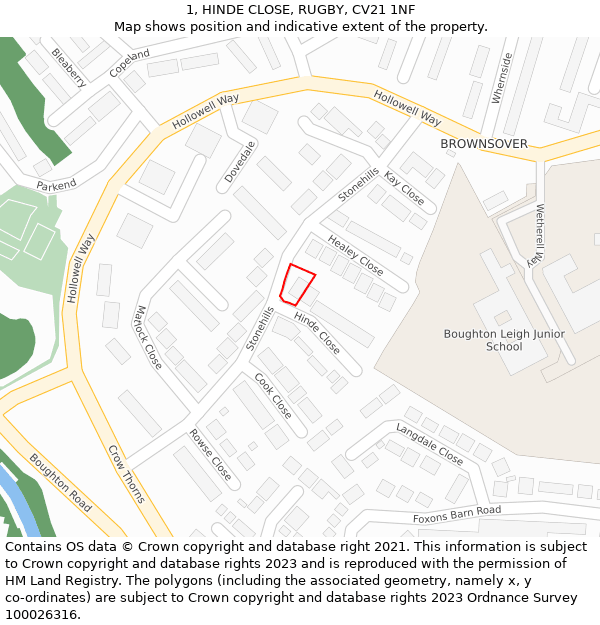 1, HINDE CLOSE, RUGBY, CV21 1NF: Location map and indicative extent of plot