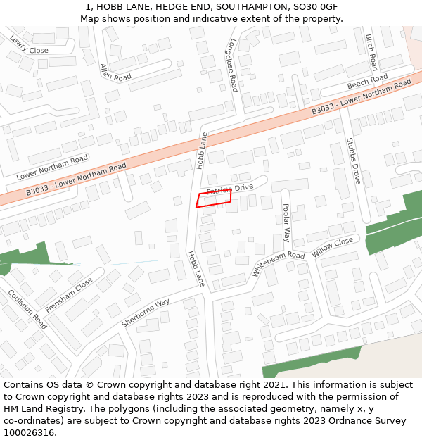 1, HOBB LANE, HEDGE END, SOUTHAMPTON, SO30 0GF: Location map and indicative extent of plot