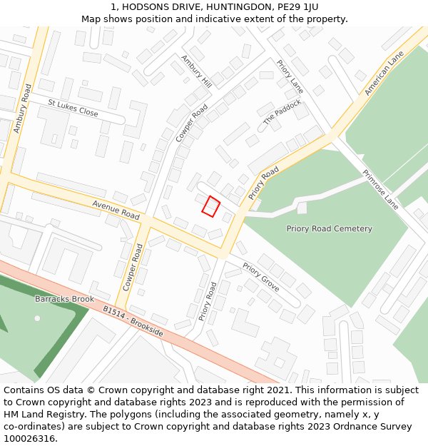 1, HODSONS DRIVE, HUNTINGDON, PE29 1JU: Location map and indicative extent of plot
