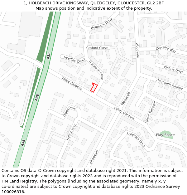 1, HOLBEACH DRIVE KINGSWAY, QUEDGELEY, GLOUCESTER, GL2 2BF: Location map and indicative extent of plot