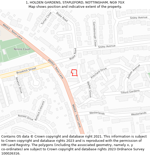 1, HOLDEN GARDENS, STAPLEFORD, NOTTINGHAM, NG9 7GX: Location map and indicative extent of plot