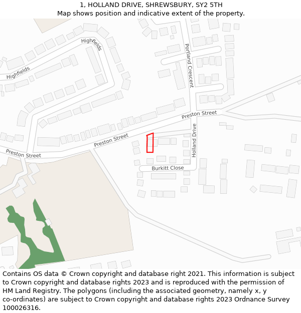 1, HOLLAND DRIVE, SHREWSBURY, SY2 5TH: Location map and indicative extent of plot