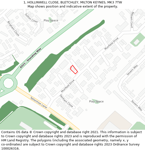 1, HOLLINWELL CLOSE, BLETCHLEY, MILTON KEYNES, MK3 7TW: Location map and indicative extent of plot