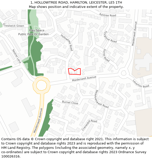 1, HOLLOWTREE ROAD, HAMILTON, LEICESTER, LE5 1TH: Location map and indicative extent of plot
