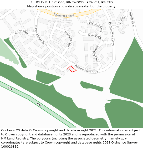 1, HOLLY BLUE CLOSE, PINEWOOD, IPSWICH, IP8 3TD: Location map and indicative extent of plot