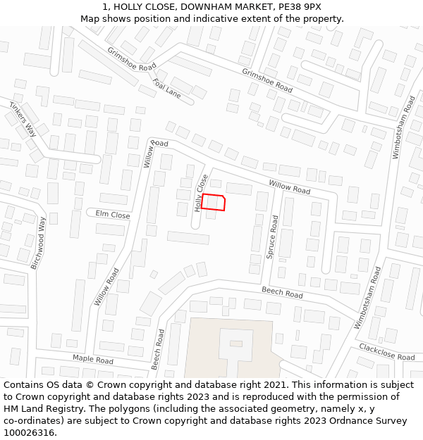1, HOLLY CLOSE, DOWNHAM MARKET, PE38 9PX: Location map and indicative extent of plot