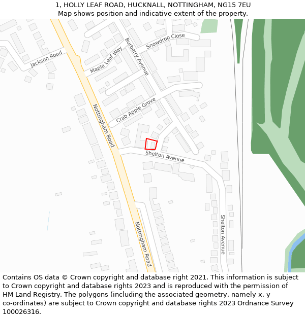 1, HOLLY LEAF ROAD, HUCKNALL, NOTTINGHAM, NG15 7EU: Location map and indicative extent of plot