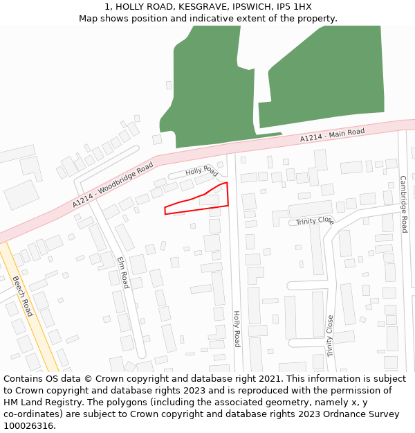 1, HOLLY ROAD, KESGRAVE, IPSWICH, IP5 1HX: Location map and indicative extent of plot